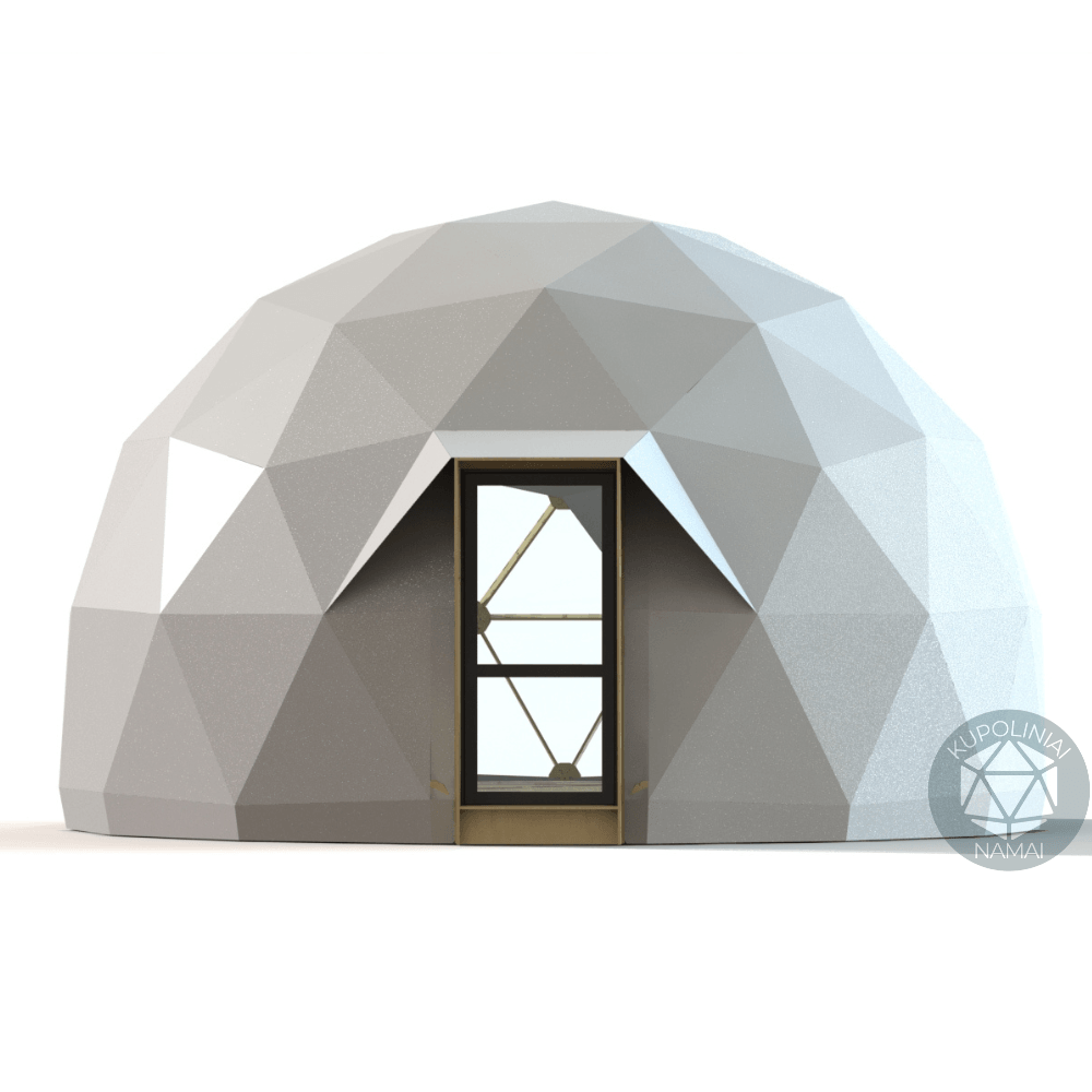 Glamping kupolas turi puikų įėjimą su stogeliu apsaugai nuo lietaus